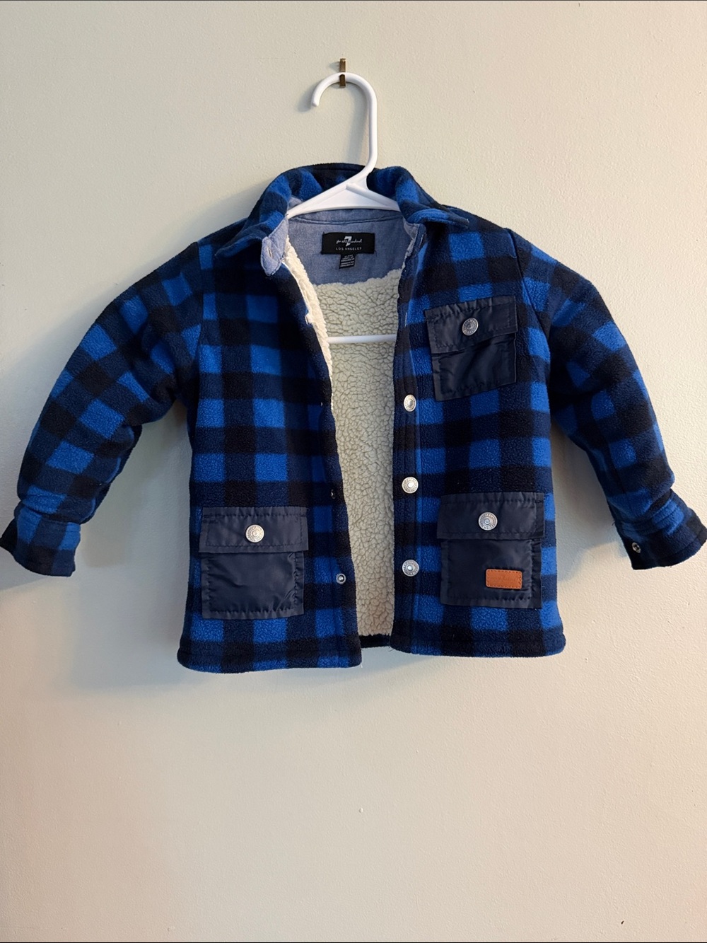 7 For All Mankind Blue and Black Check Sherpa-Lined Jacket